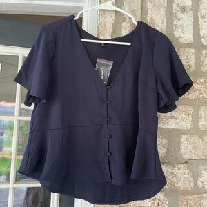 Net Express flutter sleeve blouse peplum top S navy